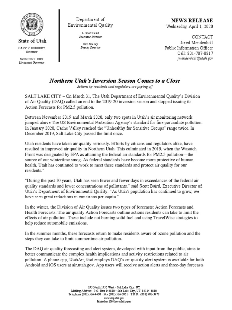 2020 04 01 Inversion Season Comes To A Close | PDF | Utah | Air Pollution
