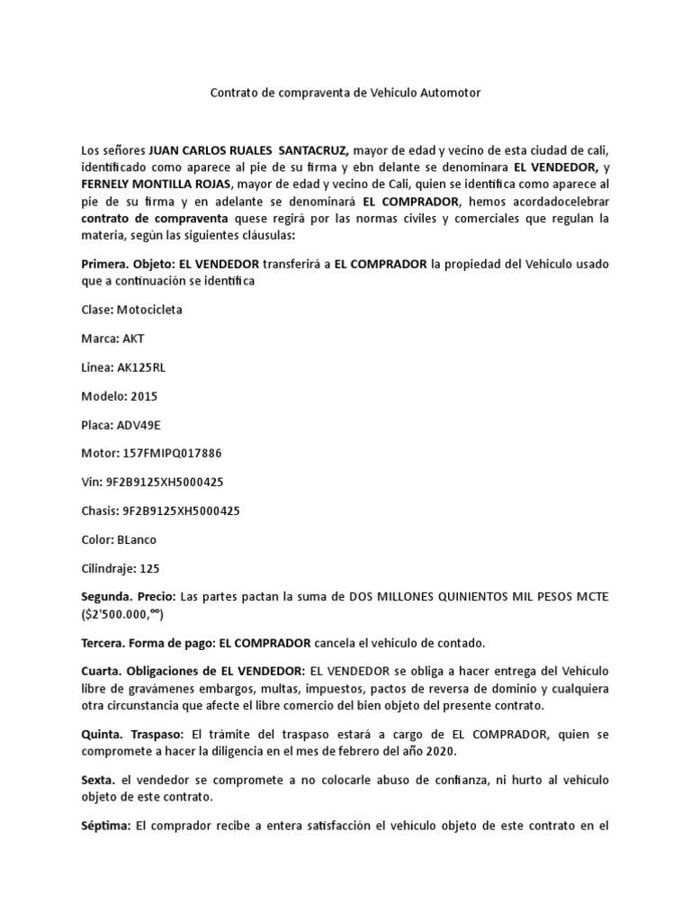 Contrato de Compraventa de Motocicleta AK125RL | PDF | Finanzas y ...