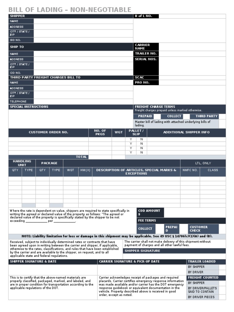 Transportation of Goods Bill of Lading NonNegotiable PDF Cargo