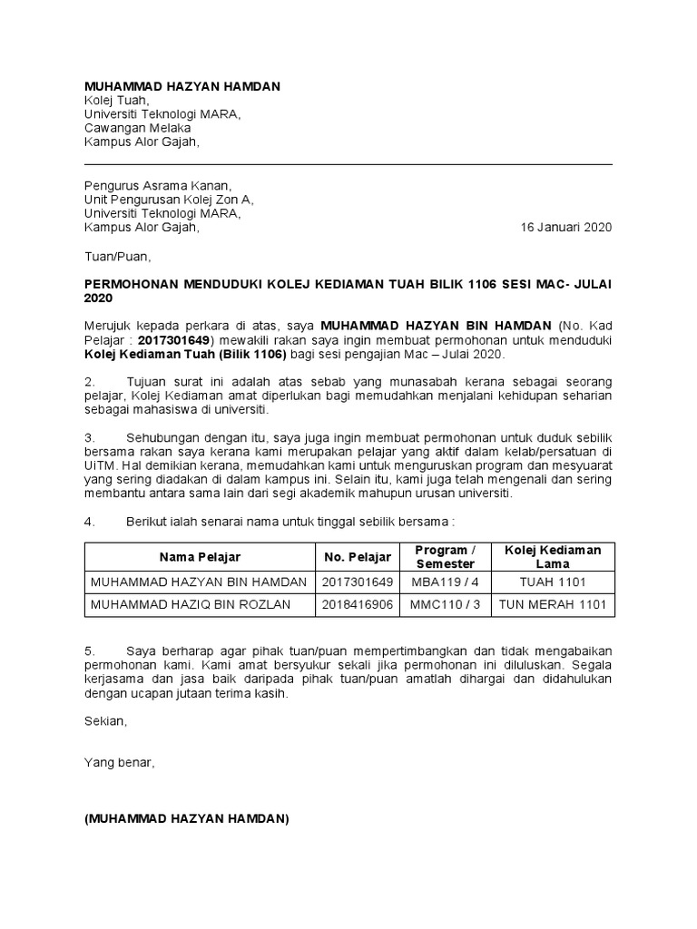 Surat Permohonan Kolej Pdf