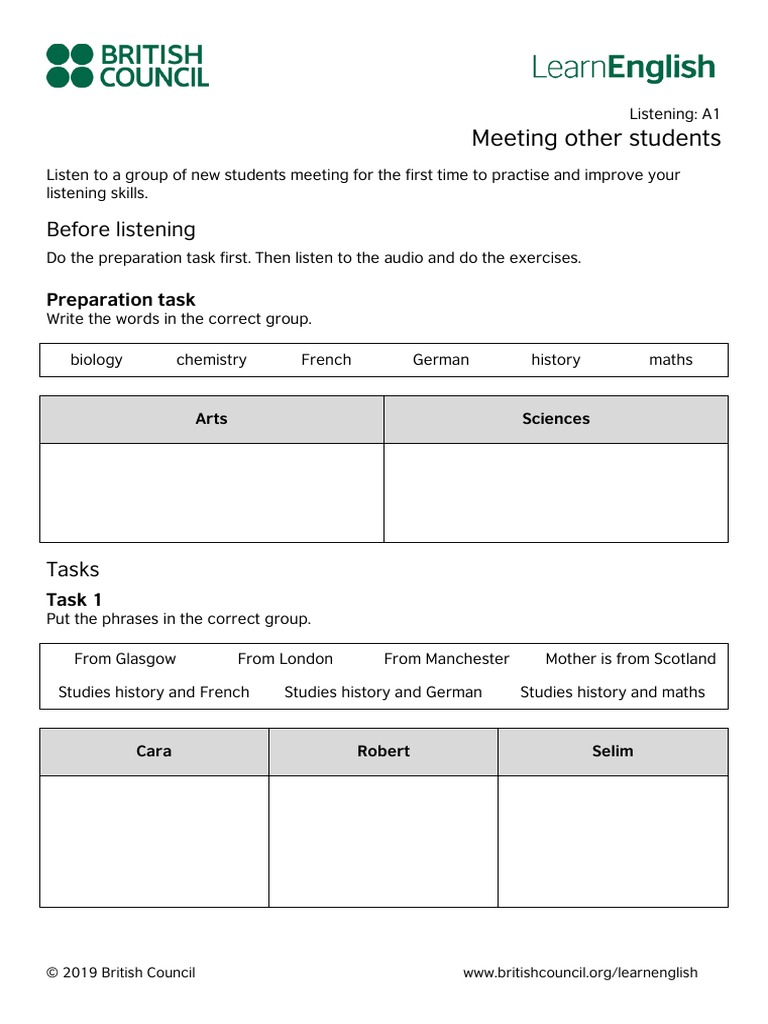 Learnenglish Listening A1 Meeting Other Students Pdf Behavior Modification Communication