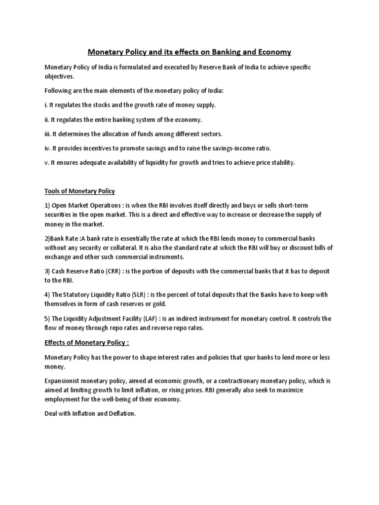 Monetary Policy and Its Effects On Banking and Economy | PDF