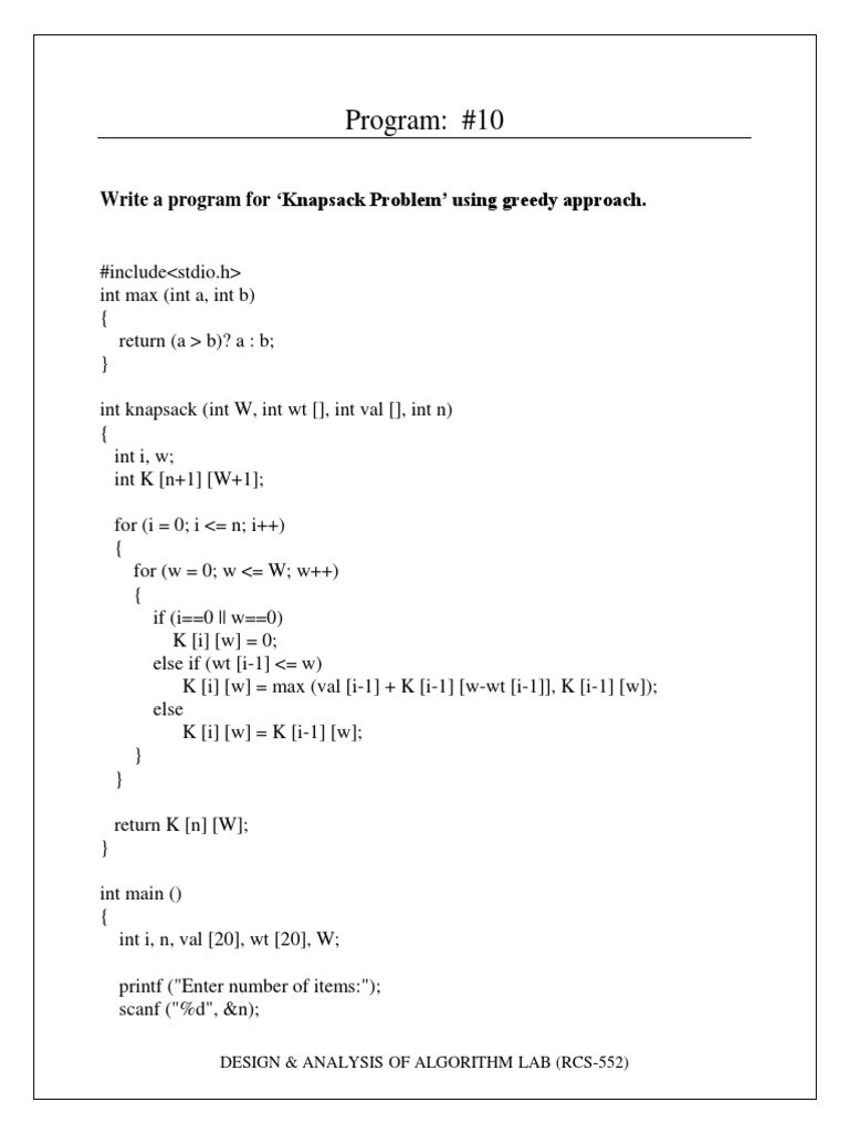 Program: #10: Write A Program For Knapsack Problem' Using Greedy ...