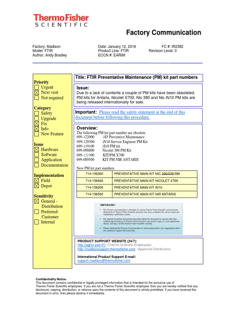 IR2382 FTIR Preventative Maintenance (PM) Kit Part Numbers PDF