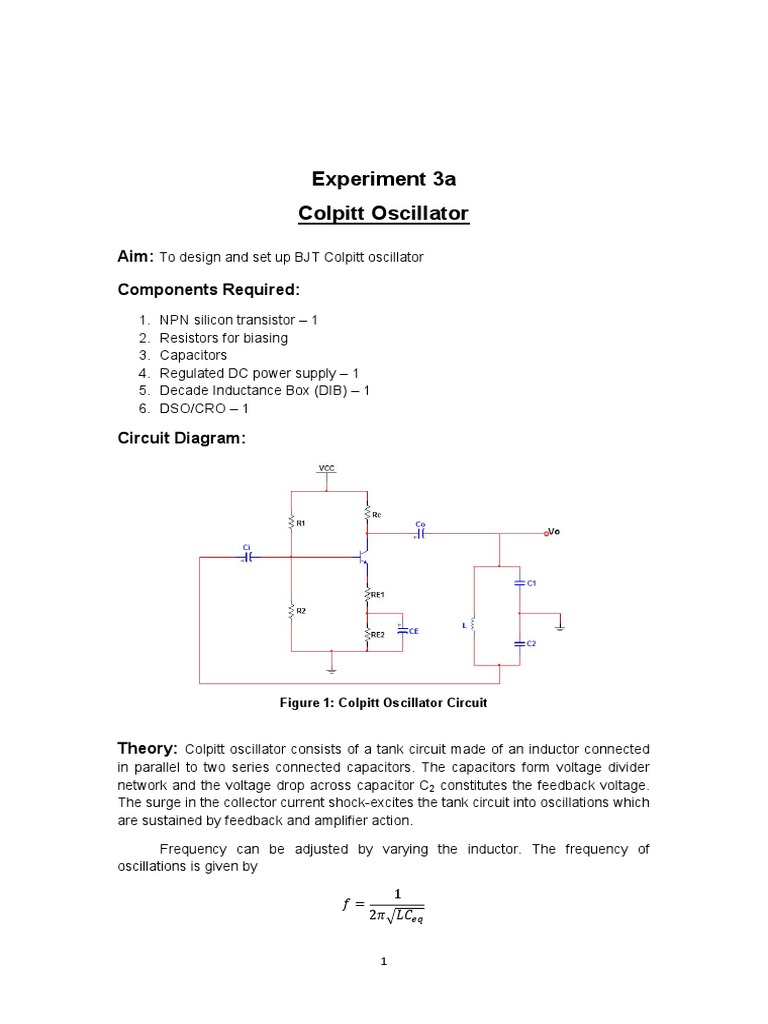 Experiment 3a Colpitt Oscillator Aim Components Required PDF