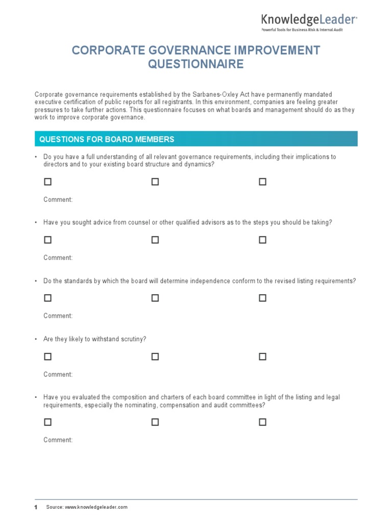 Corporate Governance Improvement Questionnaire | Download Free PDF ...