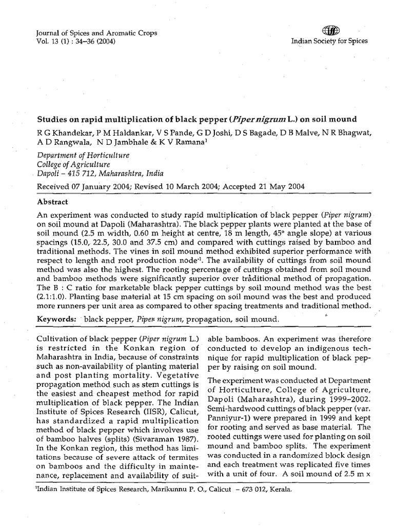 Studies On Rapid Multiplication of Black Pepper On Soil Mound | PDF ...