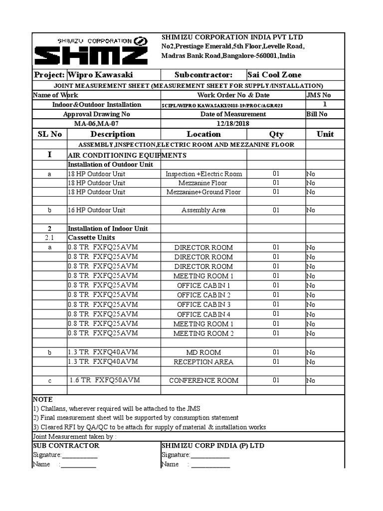 Project wipro kawasaki subcontractor sai cool zone joint measurement