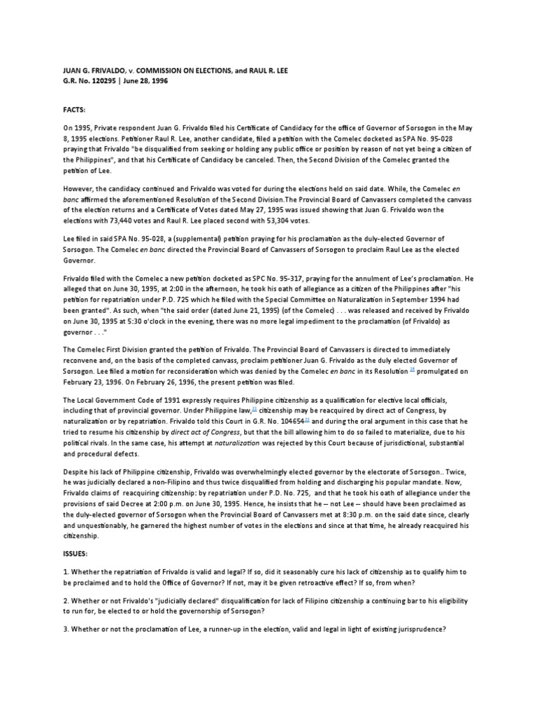 Juan g frivaldo v commission on elections and raul r lee g r no