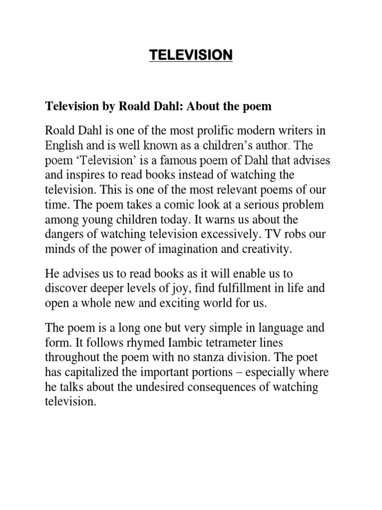 Television Television by Roald Dahl About the poem Poetry Thought