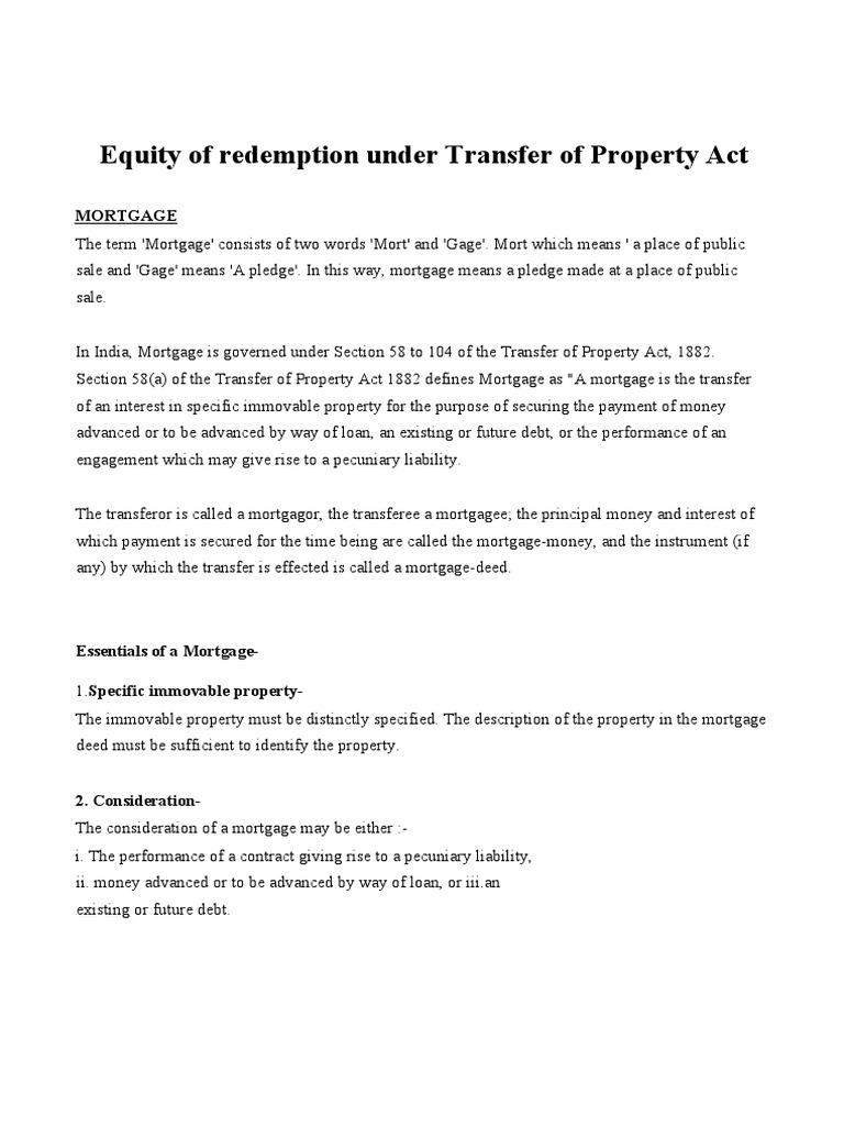 Equity of Redemption Under Transfer of Property Act Mortgage PDF Mortgage Law Liability