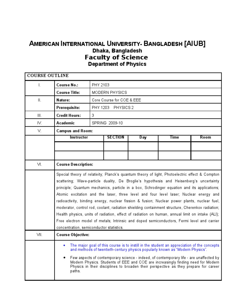 Modern Physics Course Outline at AIUB | PDF | Quantum Mechanics ...