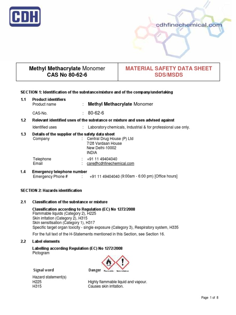 Methyl Methacrylate Monomer CAS No 80626 Material Safety Data Sheet