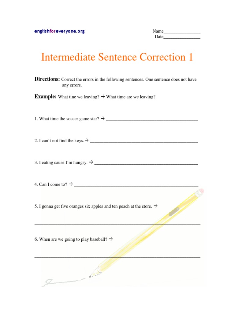 Intermediate Sentence Correction Exercise | PDF
