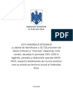 Lista Nominală A Celor 20.000 de Prizonieri Românide Război Şi Civili Înhumaţi Pe Teritoriul Rusiei