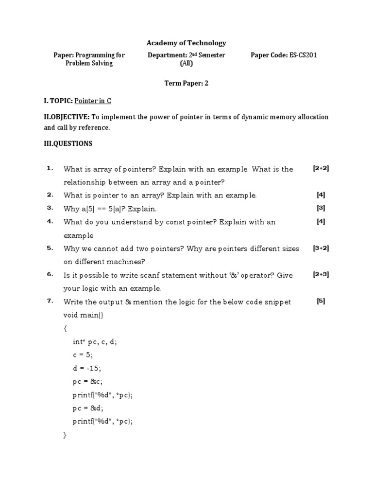 Term Paper 2 ES-CS201 | PDF | Pointer (Computer Programming) | Computer ...