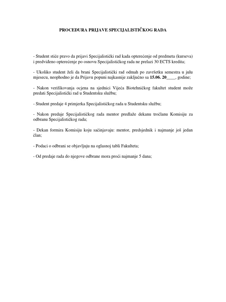 Procedura Prijave Specijalistickog Rada PDF | PDF