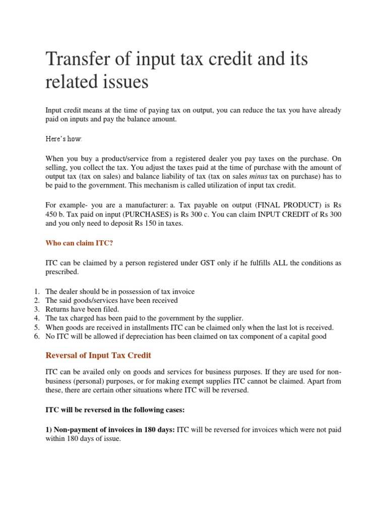 Transfer of Input Tax Credit and Its Related Issues Who Can Claim ITC