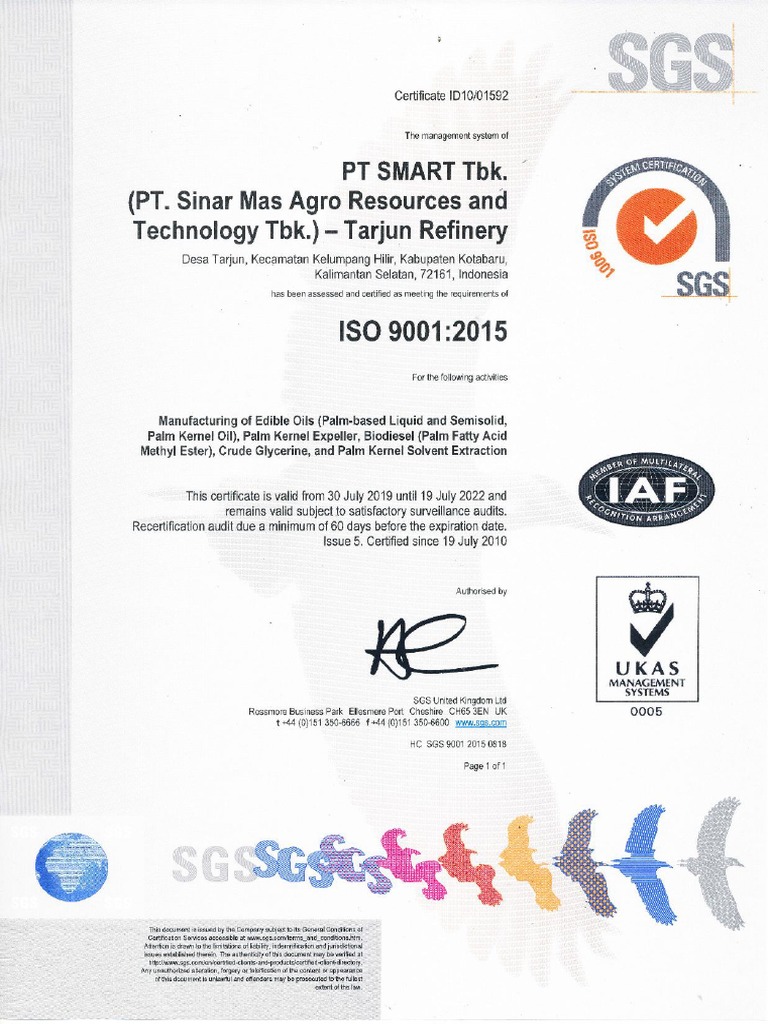 PT SMART Tarjun ISO 9001 Certification | PDF | Palm Oil | Non Timber ...