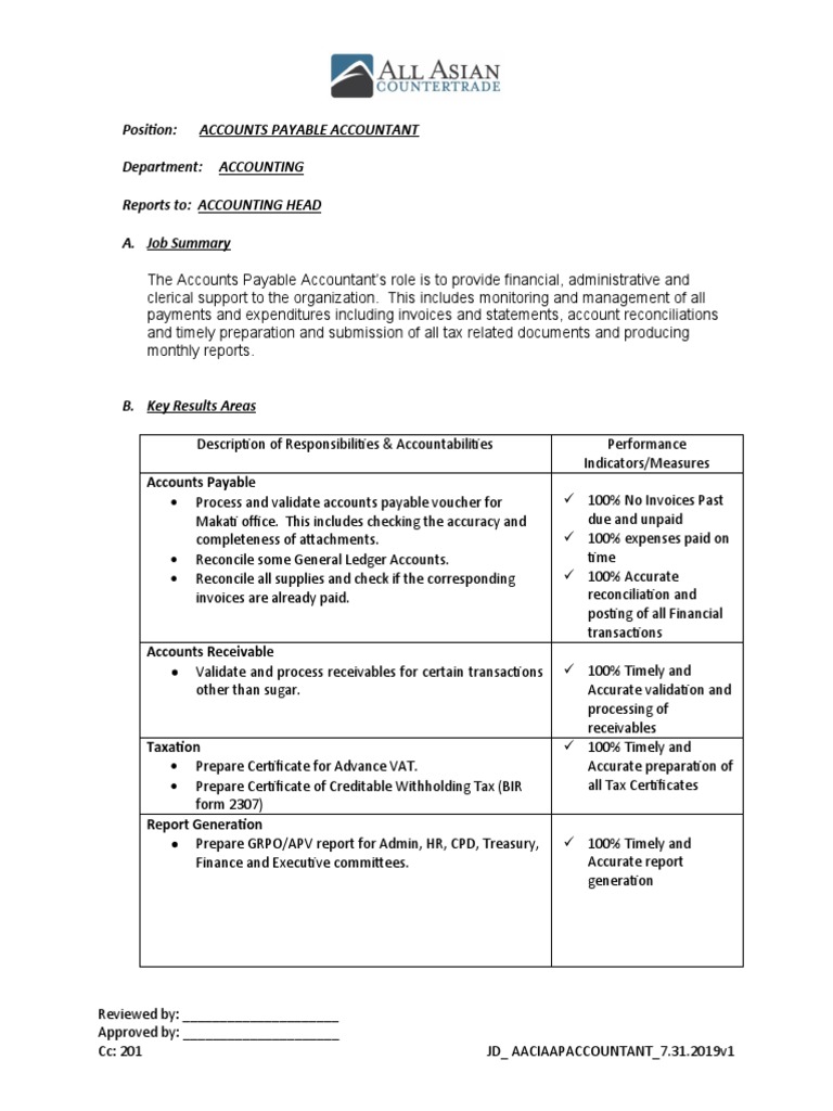 Position: Accounts Payable Accountant Department: ACCOUNTING Reports To ...