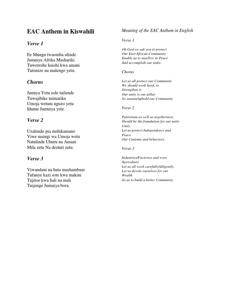 Eac Anthem In Kiswahili Verse 1 Pdf