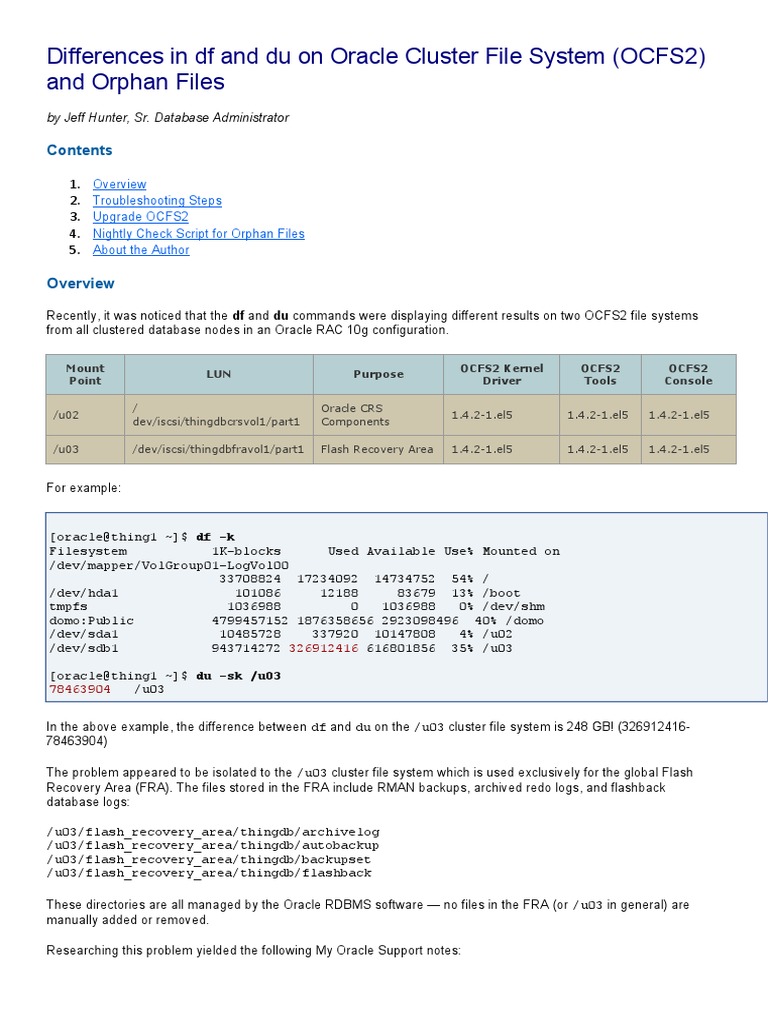 Differences in DF and Du On Oracle Cluster File System (OCFS2) and