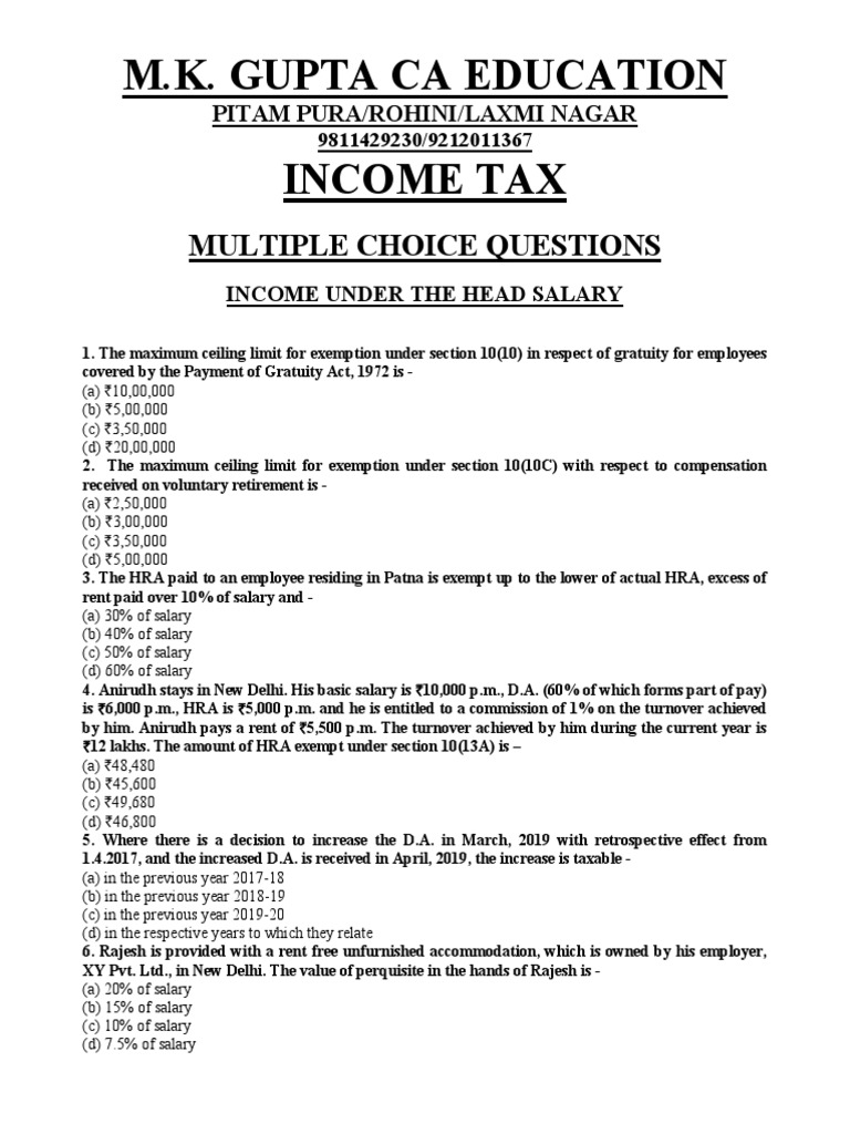 M.K. Gupta Ca Education Income Tax: Multiple Choice Questions | PDF ...