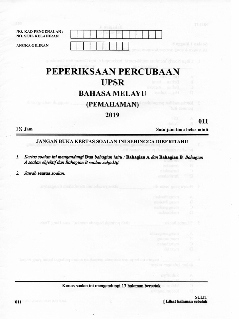 Percubaan Upsr 2019 Bm Pemahaman Kelantan Jawapan Pdf