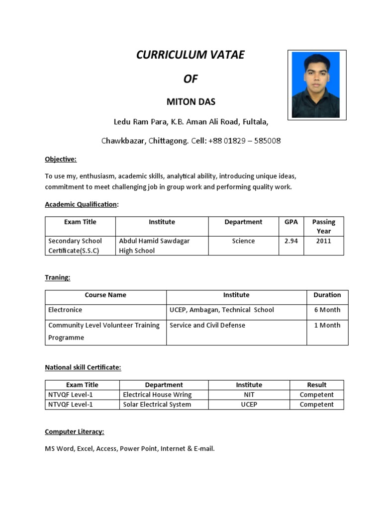 Curriculum Vatae OF: Miton Das | PDF