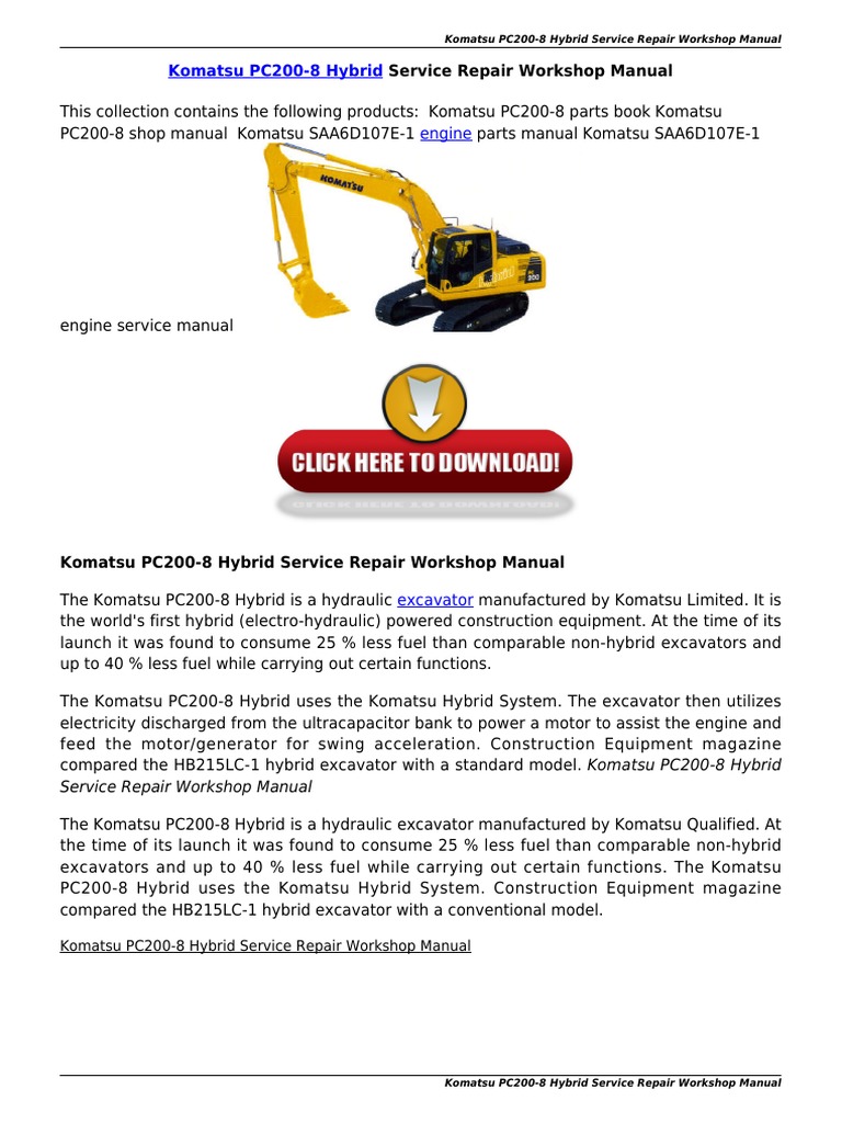 Komatsu PC200 8 Hybrid Service Repair Workshop Manual PDF | PDF