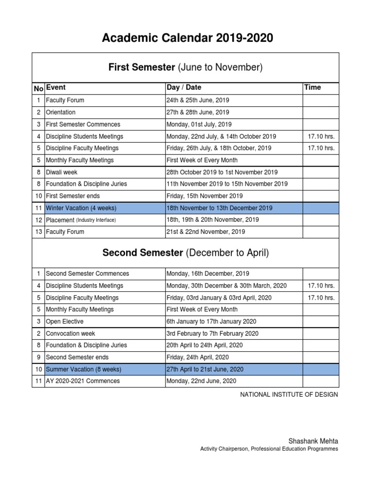Academic Calendar 2019-2020: First Semester (June To November) | PDF