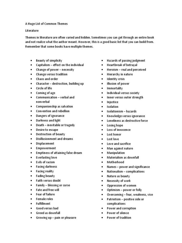 A Huge List of Common Themes | PDF | Courage | Psychological Concepts