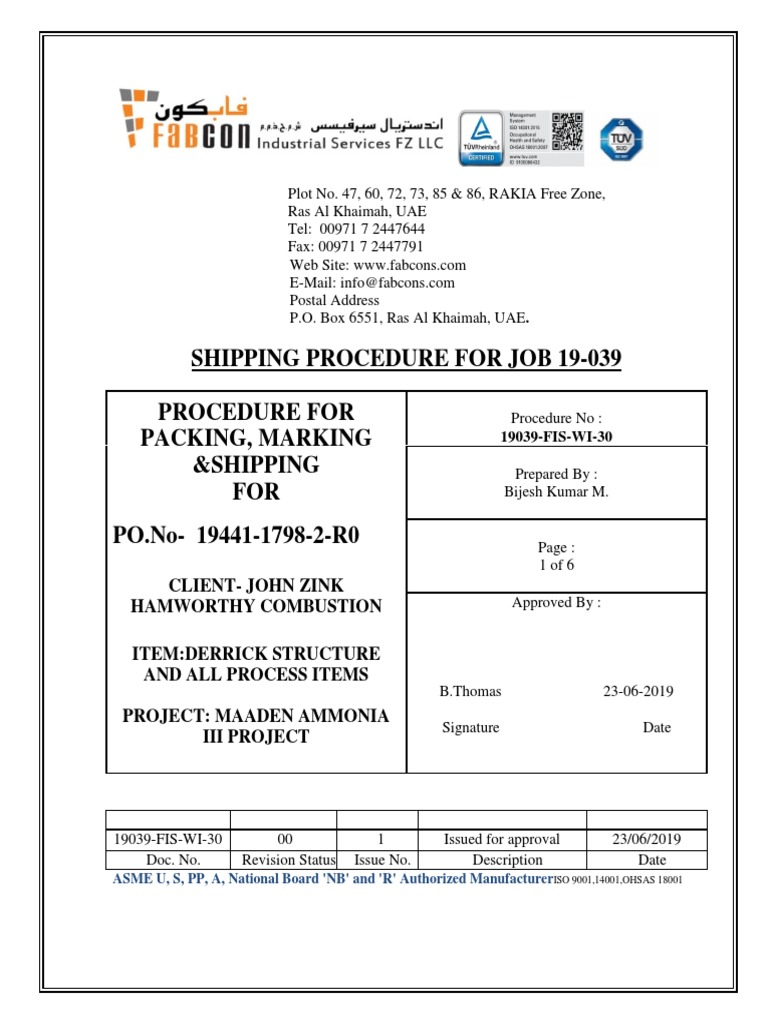 19039FISWI30 Packing, Marking & Shipping Procedure Rev 00 PDF