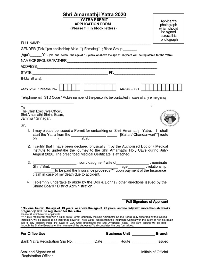 Amarnath Yatra 2020 Permit Application | PDF | Social Institutions ...