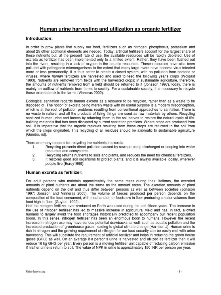 Human Urine Harvesting And Utilization As Organic Fertilizer Pdf
