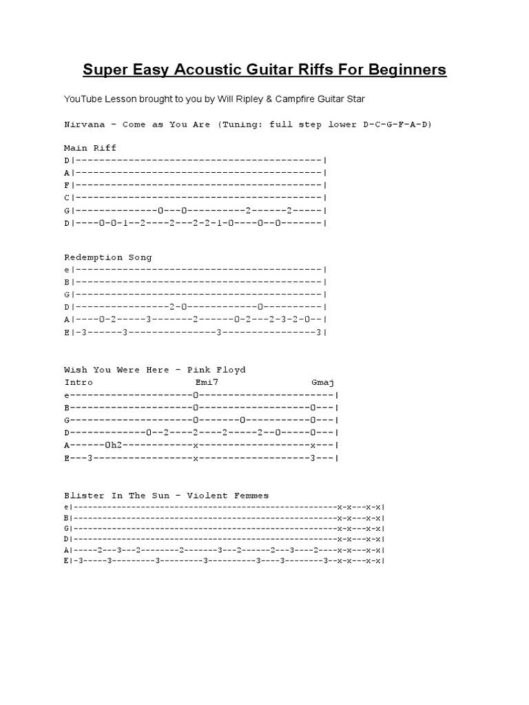 Super Easy Acoustic Guitar Riffs For Beginners PDF | PDF | Rock Music ...