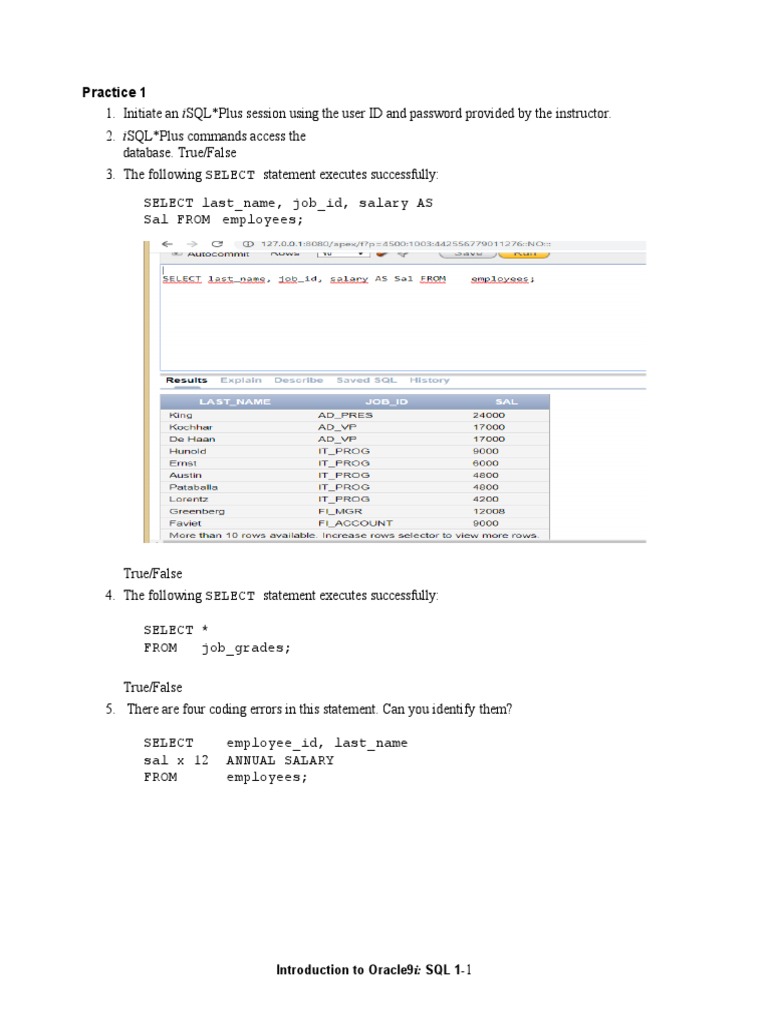 Oracle9i SQL Practice Exercises | PDF | Sql | Oracle Database