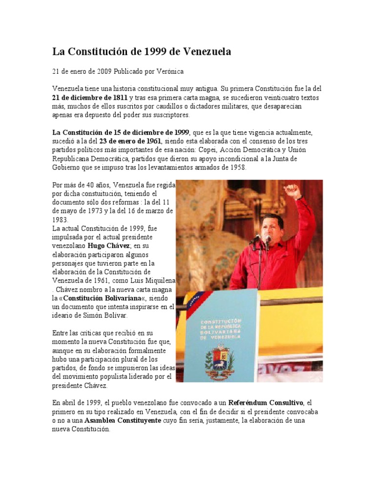 La Constitución de 1999 de Venezuela PDF Hugo Chavez Venezuela