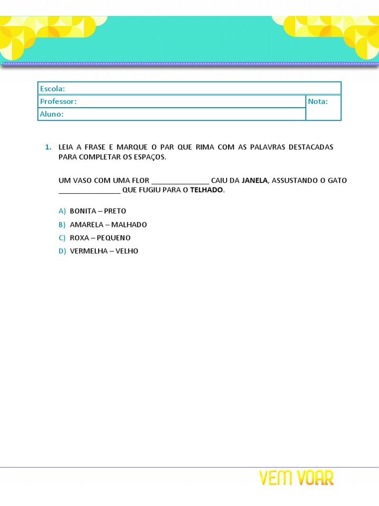 Avaliação de Português - 1º Ano | PDF | Artes Linguísticas e Disciplina