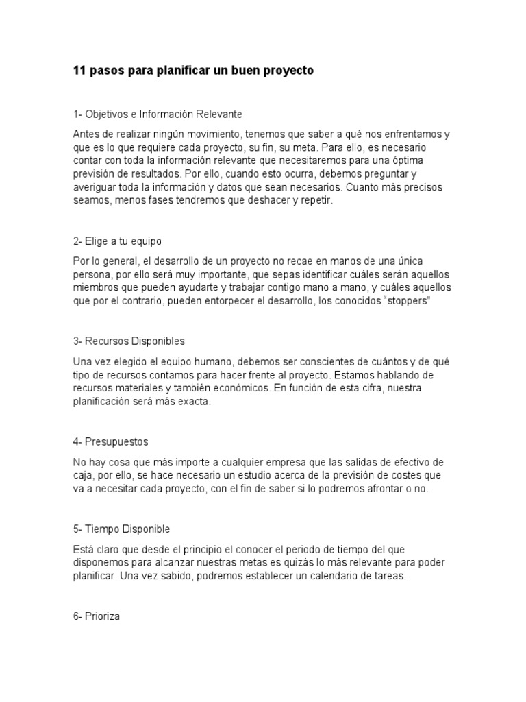 11 Pasos para Planificar Un Buen Proyecto | PDF | Planificación ...