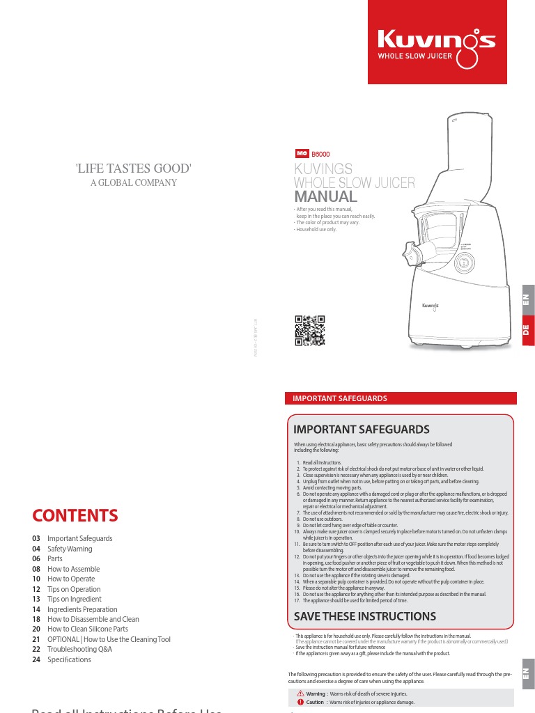 b6000 Kuvings Whole Slow Juicer Manual PDF PDF Juice Diet & Nutrition