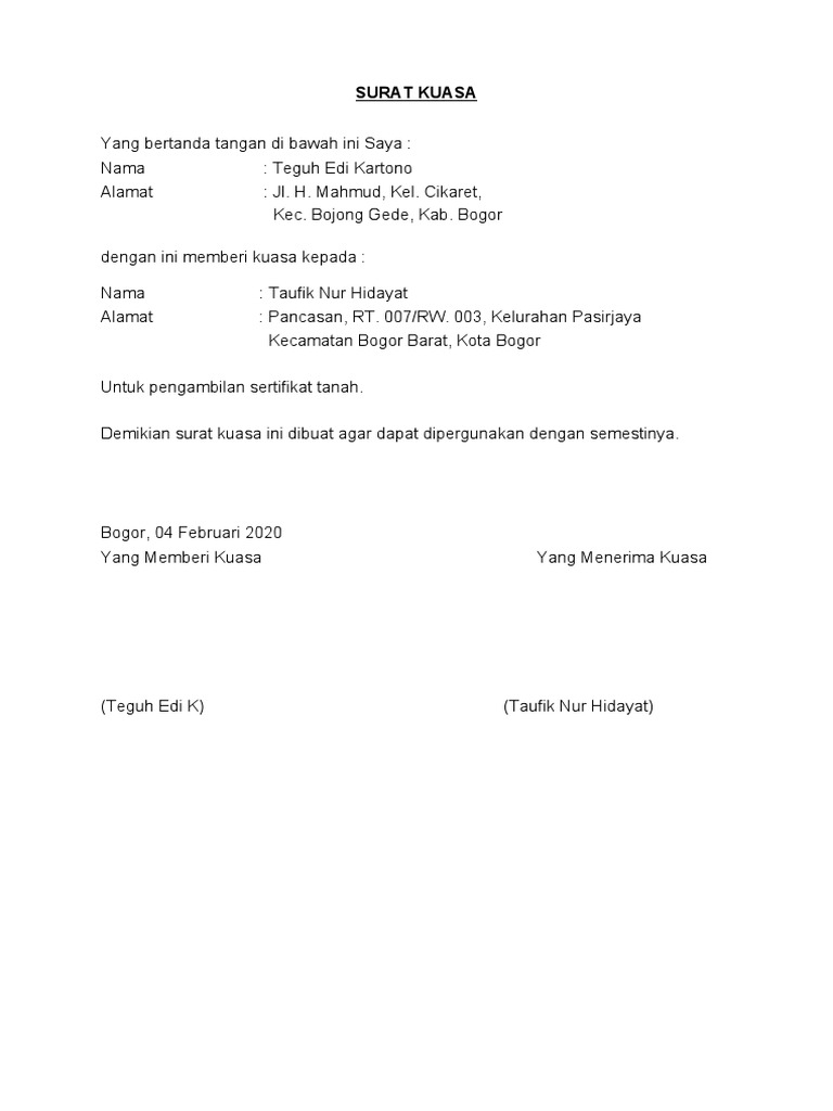 SURAT KUASA Pengambilan Sertifikat Tanah | PDF