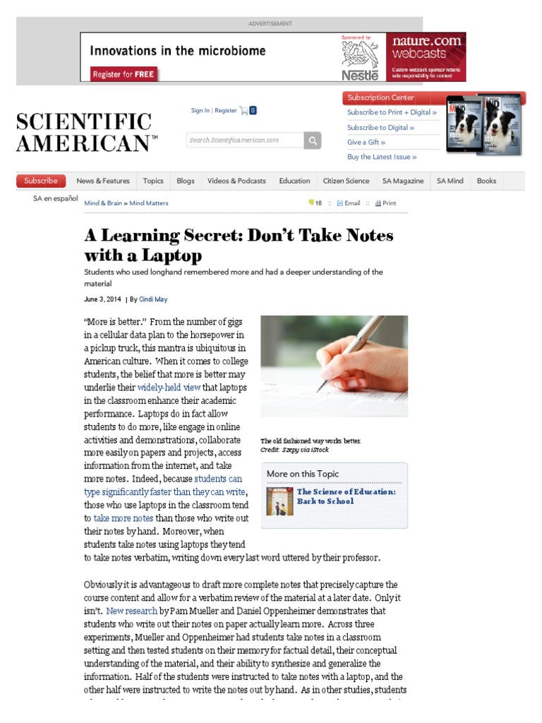 A Learning Secret Don T Take Notes With A Laptop PDF | PDF | Lecture ...