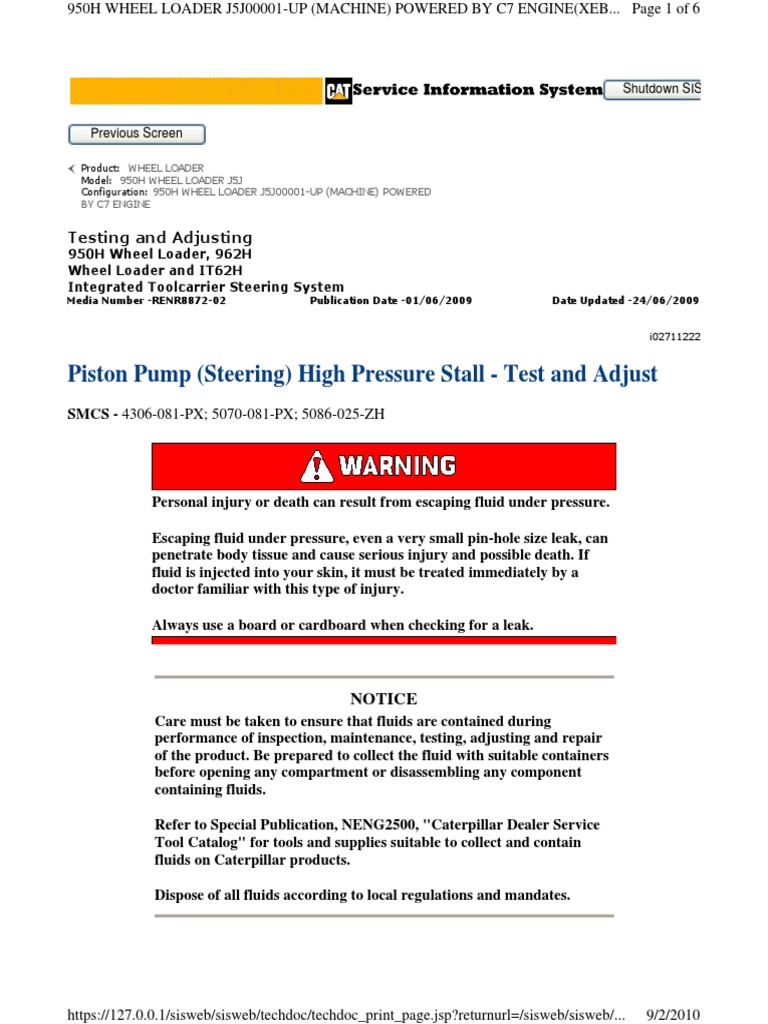 Piston Pump (Steering) High Pressure Stall Test and Adjust PDF