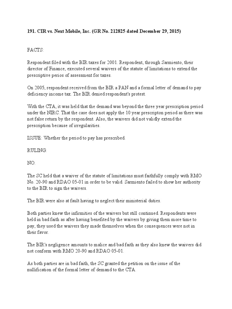 CIR vs Next Mobile Statute of Limitations Waiver PDF