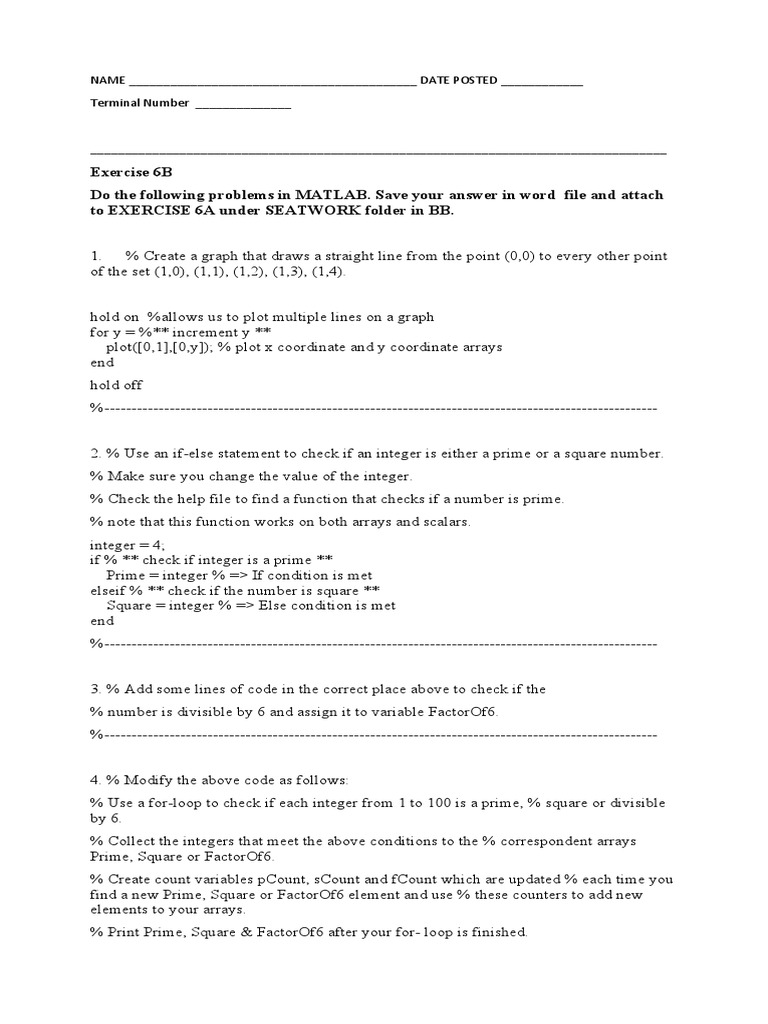 Exercise 6B Do The Following Problems in MATLAB. Save Your Answer in ...