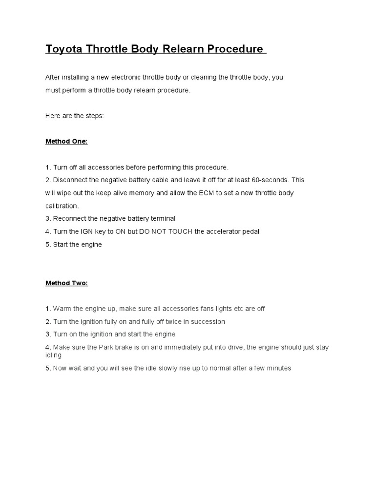 Toyota Throttle Body Relearn Procedure PDF