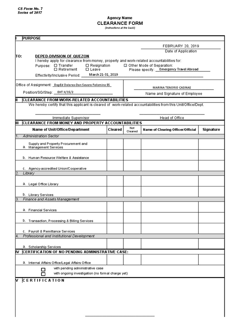 Clearance Form CS Form No. 7 Series of 2017 PDF Government Information Social Institutions