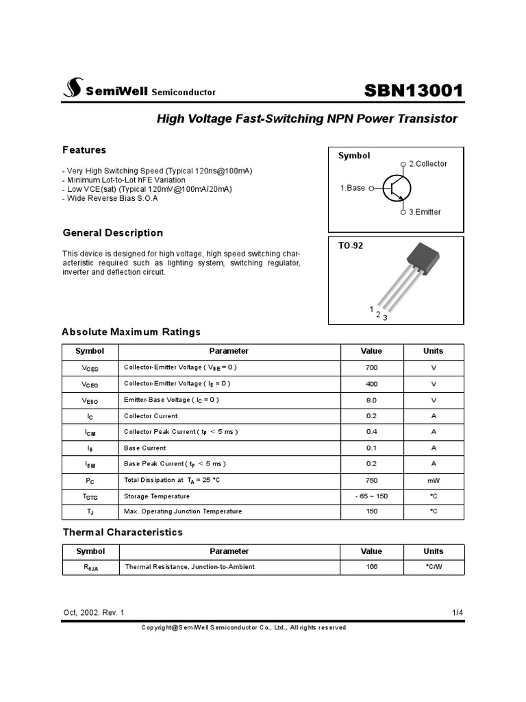 13001 transistor datasheet
