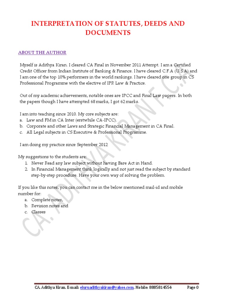 Interpretation of Statutes Notes PDF Plain Meaning Rule Statutory